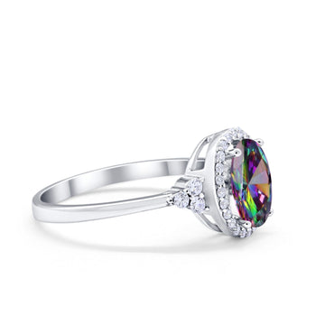 Halo Art Deco Oval Engagement Ring Simulated Rainbow CZ 925 Sterling Silver